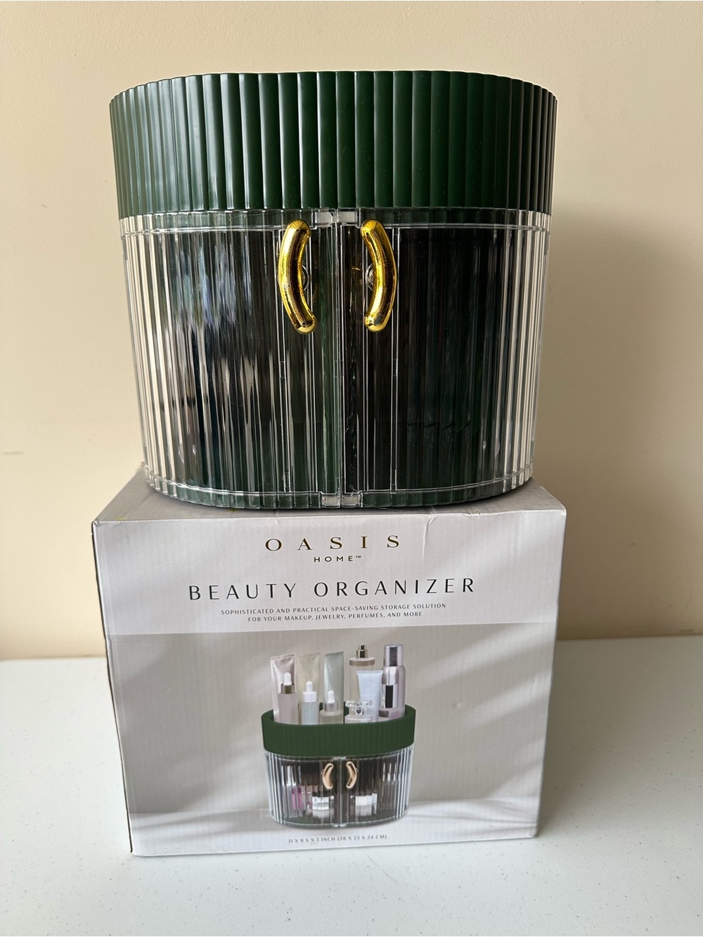 Oasis Home Beauty Organizer - Dark Green & Clear with Gold Handles